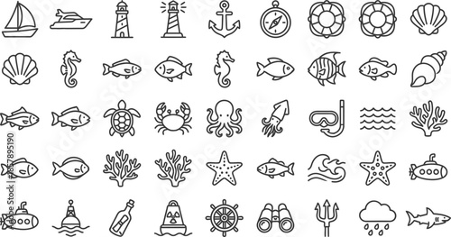 Marine Life & Nautical Icon Set, vector line symbols of sea creatures, sailboats, anchors, lighthouses, coral reefs, navigation elements, underwater wildlife, ocean exploration, pictograms 
