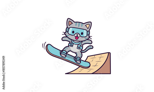 Cartoon Cat Snowboarding Down a Slope.