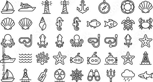 Marine Life & Nautical Icon Set, vector line symbols of sea creatures, sailboats, anchors, lighthouses, coral reefs, navigation elements, underwater wildlife, ocean exploration, pictograms 