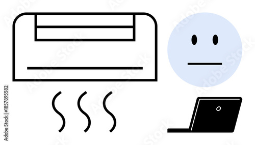 Climate control, workplace comfort, air quality, home technology, cooling systems, human tech interaction. ion of an air conditioner, a laptop and a neutral face symbol. Climate control