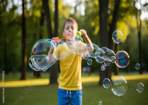 Plakat Boy blowing bubbles in a park during sunset