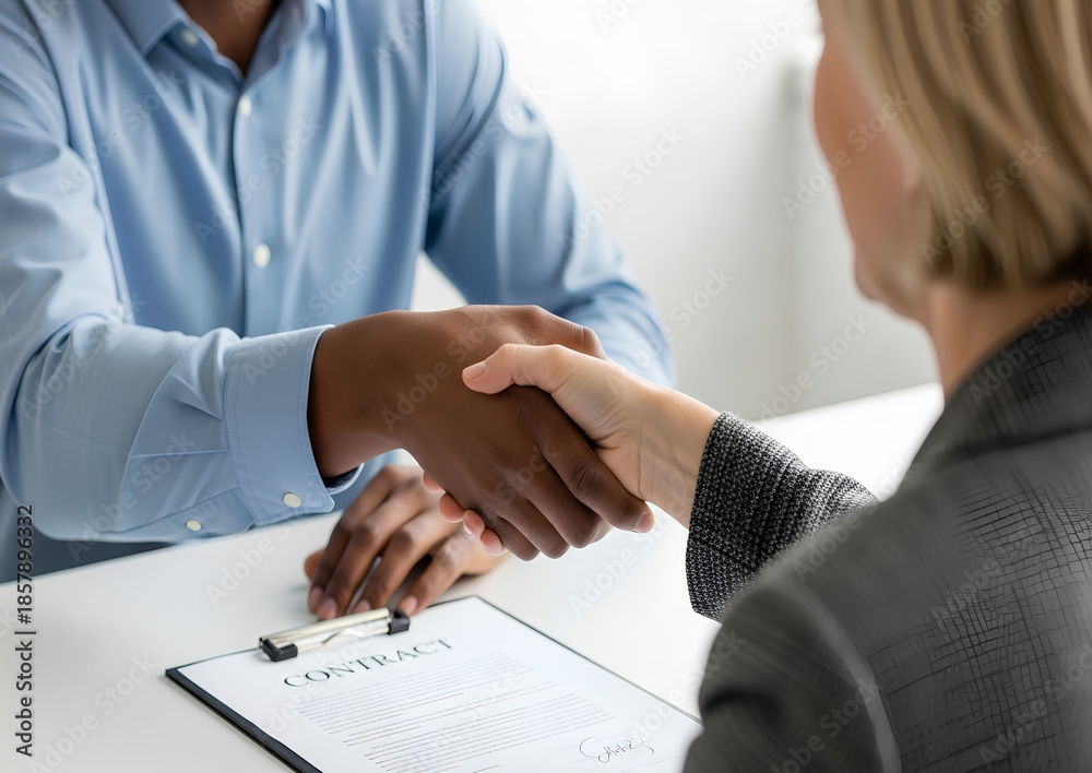 Fototapeta premium Business handshake between two professionals at a desk