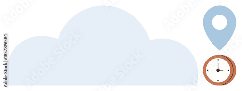 Large cloud icon with a blue GPS pin and a clock showing time. Ideal for data storage, navigation, planning, logistics, travel, punctuality, modern technology. Minimalist and simple flat metaphor