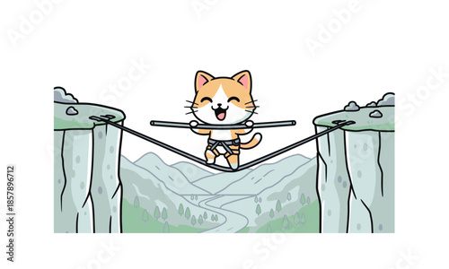 Cartoon Kitten Balancing on Tightrope.