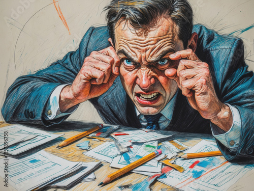 An enraged businessman strains his eyes while sitting at a messy desk. This intense illustration highlights themes of stress, pressure, and workplace frustration.