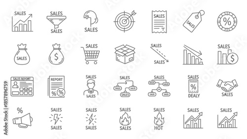 Sales and Marketing Line Icons for Business Growth Analysis and Retail Discount Promotions