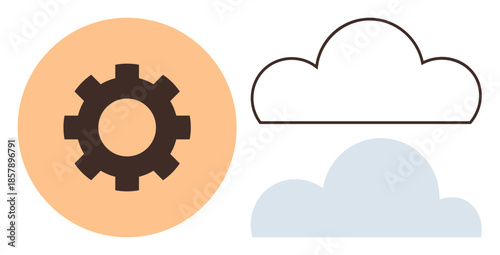 Gear inside orange circle alongside outlined and solid clouds. Ideal for technology, cloud computing, innovation, teamwork, progress, data storage, and solutions. Simple flat metaphor