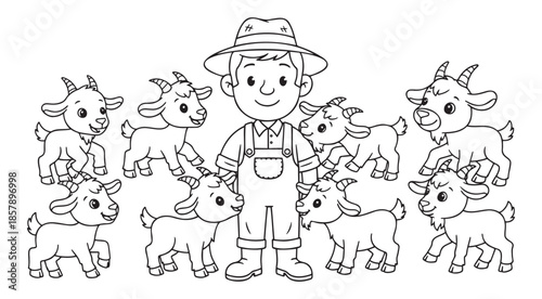 Young farmer standing with playful goats in a farm setting  