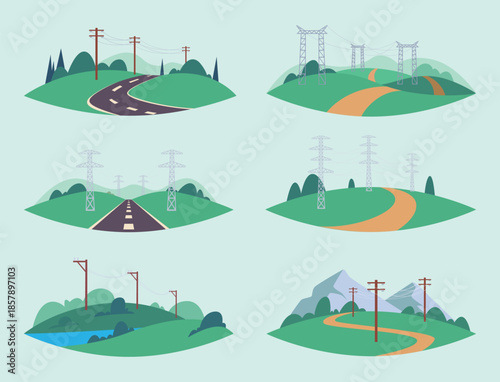 Energy wire. Landscape backgrounds with high voltage towers urban infrastructure outdoor in valley exact vector pictures of energy network
