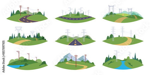 High voltage towers. Urban energy infrastructure towers of electricity outdoor valley exact vector cartoon set