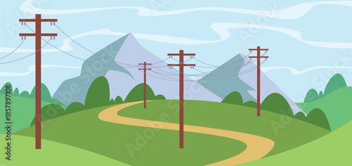 Voltage towers. Outdoor background landscape with high energy voltage towers exact vector template