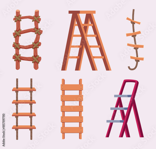 Wooden ladders. Cartoon collection of rope and wooden ladders for climbing exact vector set