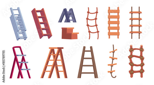 Rope ladders. Climbing tools collection of different wooden ladders exact vector cartoon set isolated