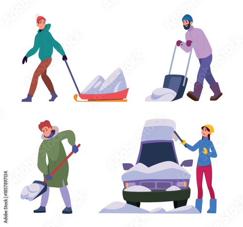 Cleaning snow. Seasonal workers people cleaning snow in snowy time exact vector cartoon illustrations