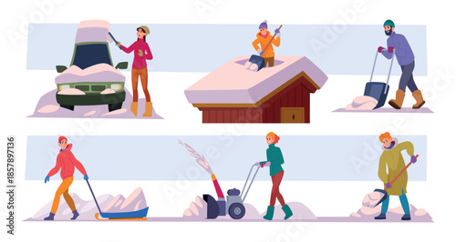 Snow cleaning. Urban seasonal stuff cleaning snow with shovels and special vehicles exact vector set