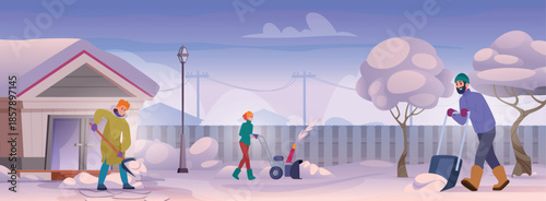 Snow cleaning. Urban landscape in snow time people cleaning snow in city exact vector cartoon seasonal background