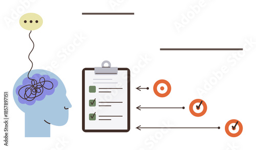 Human head with tangled thoughts, checklist on clipboard, and progress arrows toward completed goals. Ideal for productivity, planning, focus, mental health, goal setting, organization