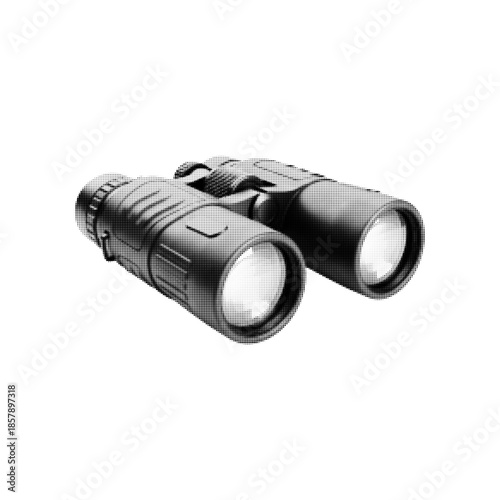 Black and white halftone illustration of binoculars. Minimal dotted graphic style, concept of observation, search, exploration, surveillance, travel and outdoor adventure.