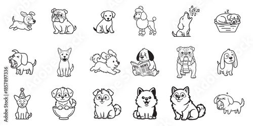 Cartoon dog puppy character collection line art illustrations set with different breeds poses