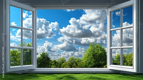 Open Windows with View of Blue Sky, Clouds and Green Trees