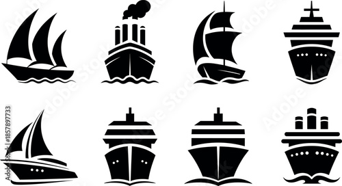 collection of various ship and boat silhouettes on white background