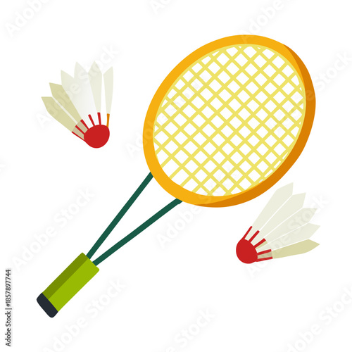 Vibrant badminton racket and shuttlecocks in dynamic motion
