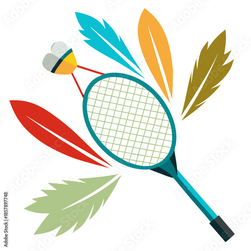 Vibrant badminton racket and shuttlecock with colorful feathers in motion