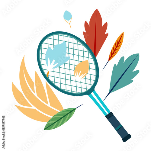 Vibrant badminton racket with shuttlecocks and colorful leaves