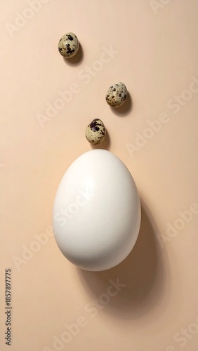 Large white egg with smaller speckled eggs on a neutral surface