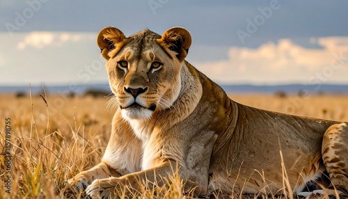 A majestic lioness, with a watchful gaze, rests serenely amidst the golden grasslands under a cloudy sky