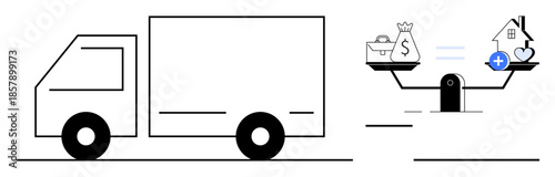 Moving concept. Moving truck alongside balanced scales with house, money, and health symbols. Moving s financial decisions, home relocation, and life transitions. For financial advice, real estate