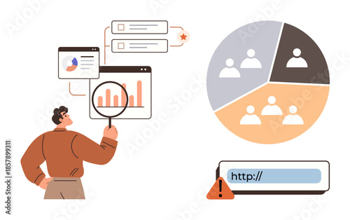 Man analyzing bar graph and pie chart data, web navigation issues with magnifying glass. Ideal for analytics, research, problem-solving, data-driven decisions, segmentation, statistics, user