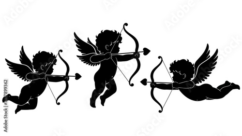 Three stylized black silhouette Cupids with wings, bows, and arrows, embodying love, romance, and affection for symbolic and decorative design projects