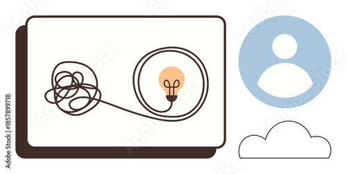 Tangled line transforming into a glowing light bulb, user icon, and cloud. Ideal for innovation, problem-solving, creativity, brainstorming, inspiration clarity simplicity. Modern flat metaphor