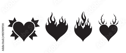 Set of four black valentine day  heart icon silhouettes featuring ribbons, fire flames, and thorns on a white background