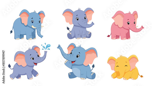 Modern vector illustration of elephant in six poses with trunk movements, flat wildlife animal set isolated on white background, ideal for education and nature themes
