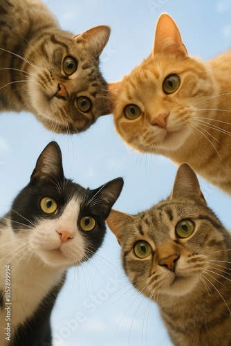Four curious cats looking up against a blue sky background  