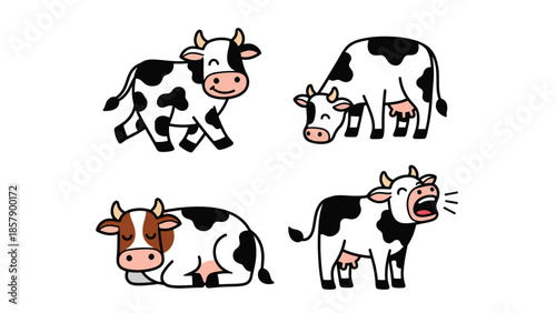 Modern vector illustration of cow in various poses, flat farm animal set isolated on white background, ideal for agriculture, education, and food branding