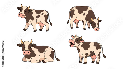 Modern vector illustration of cow in various poses, flat farm animal set isolated on white background, ideal for agriculture, education, and food branding