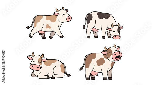 Modern vector illustration of cow in various poses, flat farm animal set isolated on white background, ideal for agriculture, education, and food branding