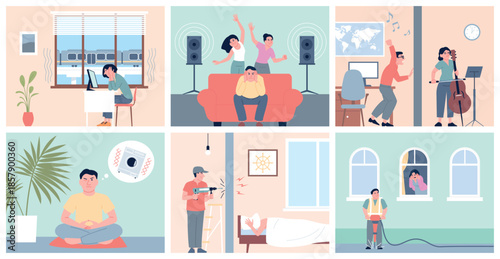 Urban noise pollution. Neighbours doing repair, play music and dancing. Modern city life neighborhood problems. Unhappy apartment citizens, noisy recent vector scenes