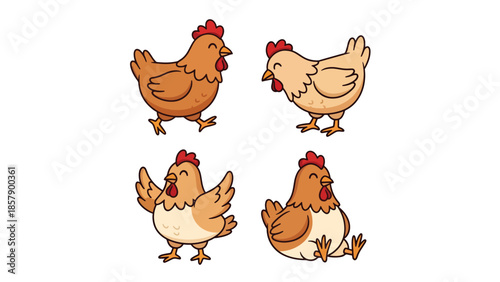 Modern vector illustration of chicken in various poses, flat farm bird set isolated on white background, ideal for agriculture, food, and kids designs
