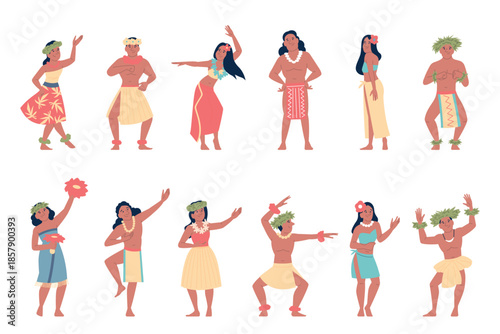 Hawaiian dancers. Traditional hawaii characters in costumes, floral necklace and green wreath. Positive island people, folk dancing, recent vector clipart