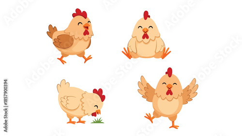 Modern vector illustration of chicken in various poses, flat farm bird set isolated on white background, ideal for agriculture, food, and kids designs