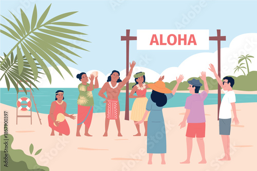 Tourists on hawaii. Hawaiian people in traditional dancing suits welcome travellers. Vacation on island, folk style party, tropical leisure recent vector scene