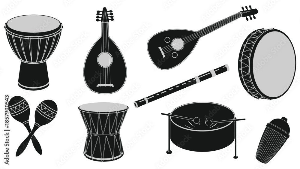 Obraz premium Set of black traditional and ethnic musical instrument icons isolated on a transparent background