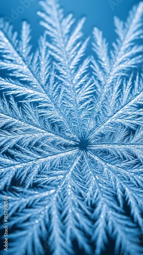 Intricate snowflake crystal formation in macro photography, beautiful winter background.