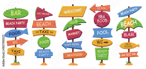 Wooden vibrant beach signposts. Sea ocean coast poles with destination signatures and arrows. Wc taxi restaurant bar party, hotel area elements nowaday vector set