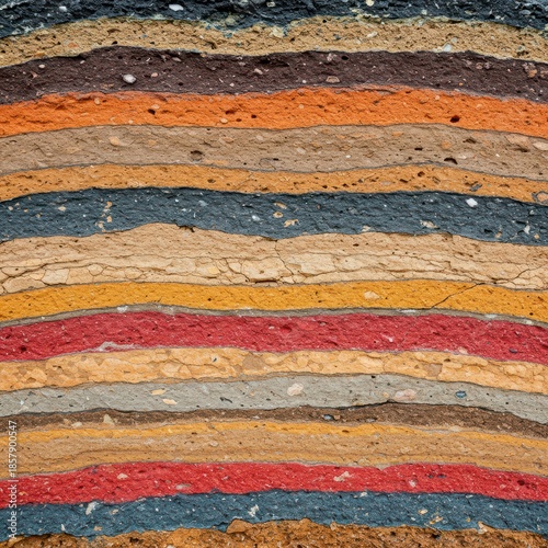 Detailed cross-section of layered soil and rock strata. Visible layers show distinct textures, colors, and sediment composition, structure, ground, stratification