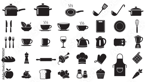 Kitchen and cooking utensil silhouettes presented as a black vector icon set